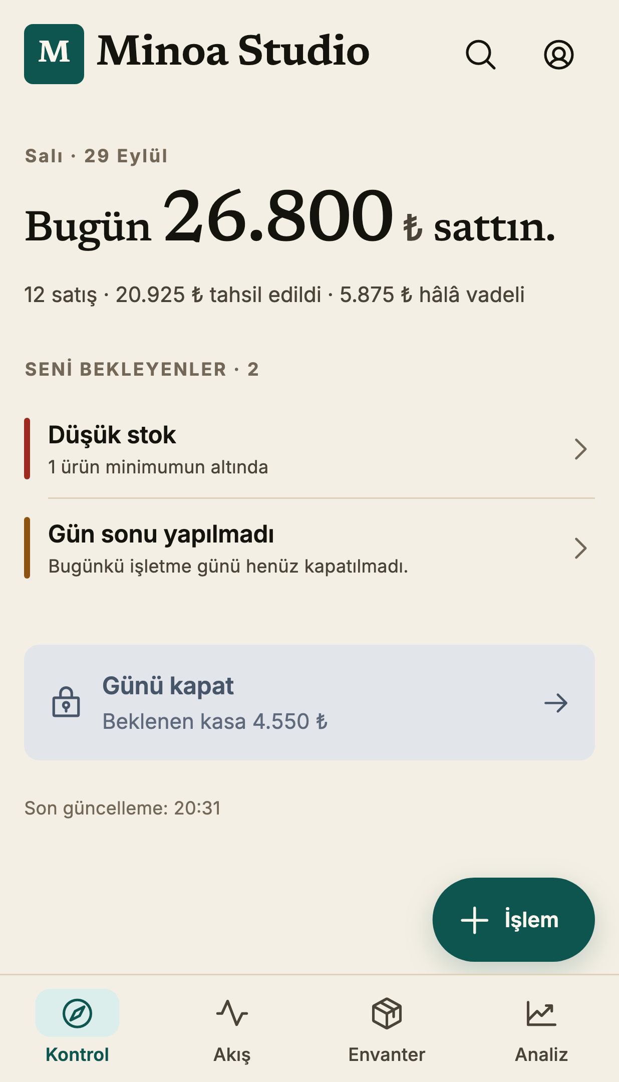 Jordan Kontrol ekranı: günlük satışlar, tahsilatlar, düşük stok ve gün sonu bilgileri. Örnek işletme verileri.